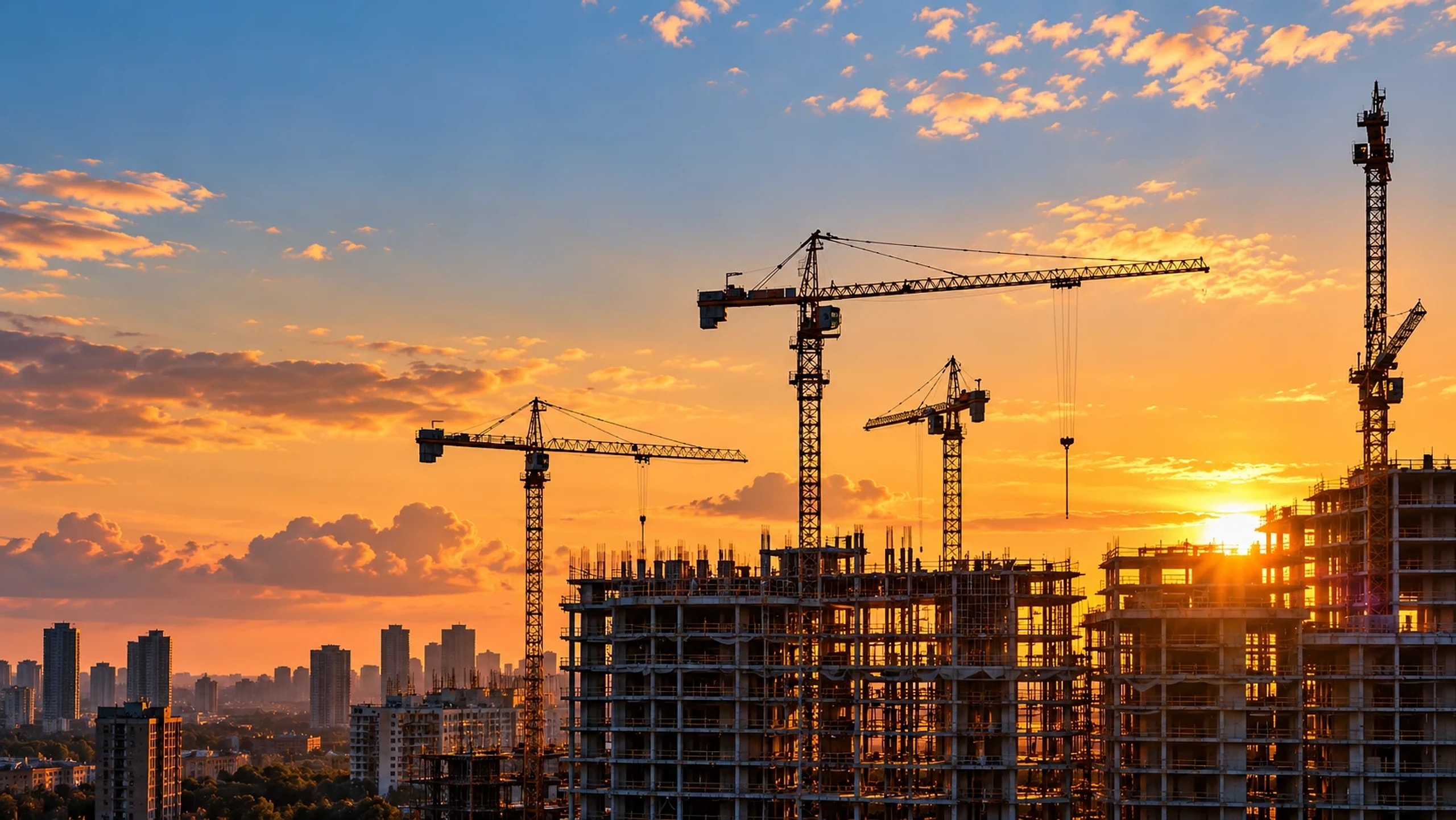 Construction cranes on an active building site at sunset